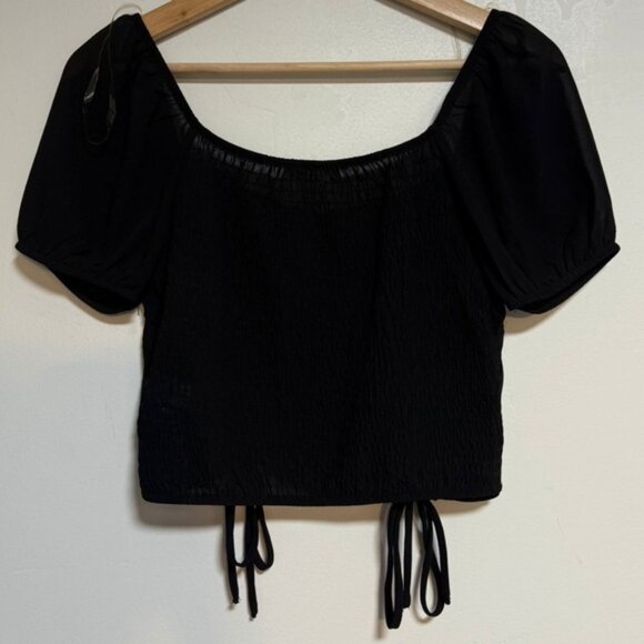 Active USA Women’s Black Puff Sleeve Ruched Crop Top Size L - Picture 3 of 5